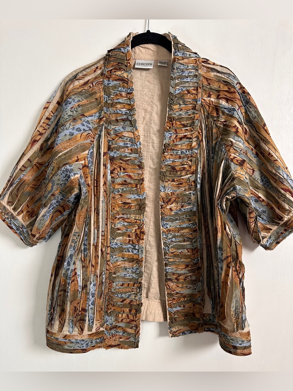 Chico’s Boho Rag Blazer Open Front Kimono Striped Pattern 100% Cotton Size 3